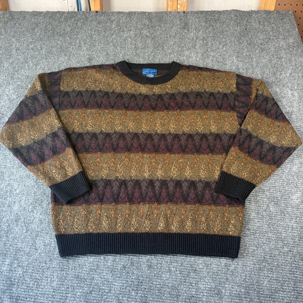 Towncraft Mens XL Vintage Geometric Textured Knit Sweater Brown Earth Tones